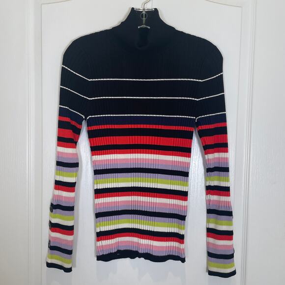 Anthropologie Fitted Ribbed Turtleneck Top Striped Button Sleeve Boho Career M - Picture 1 of 5